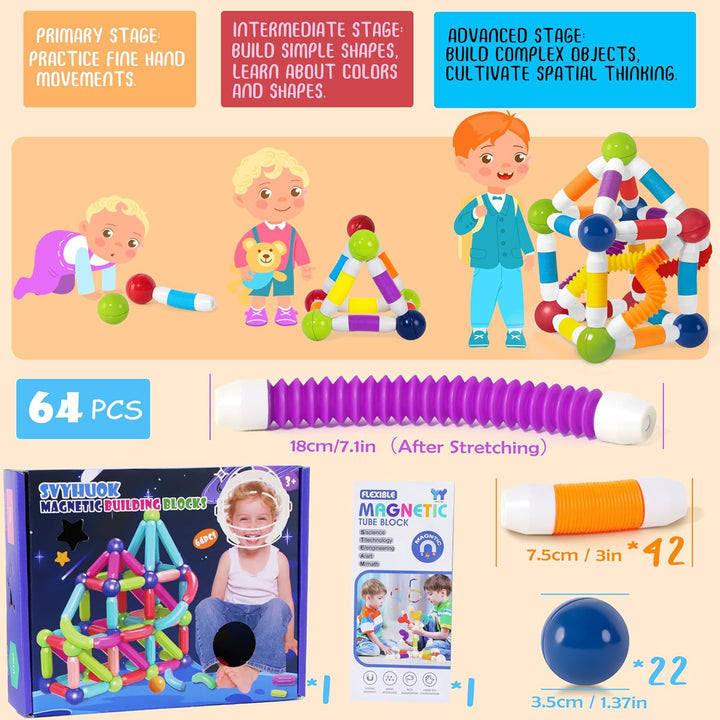 Magnetische Bausteine Einziehbarer 64 Stück Magnetbausteine Kinder, 3D Kreative Montessori Magnet Ba