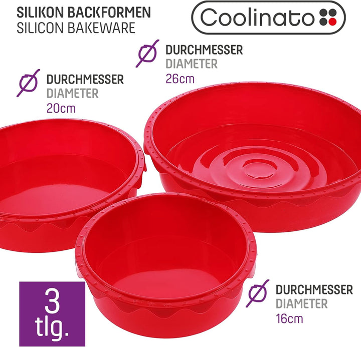 Coolinato 3er Set Silikon Backformen rund 16 cm 20 cm und 26 cm, Rot, Silikonformen zum Backen von K