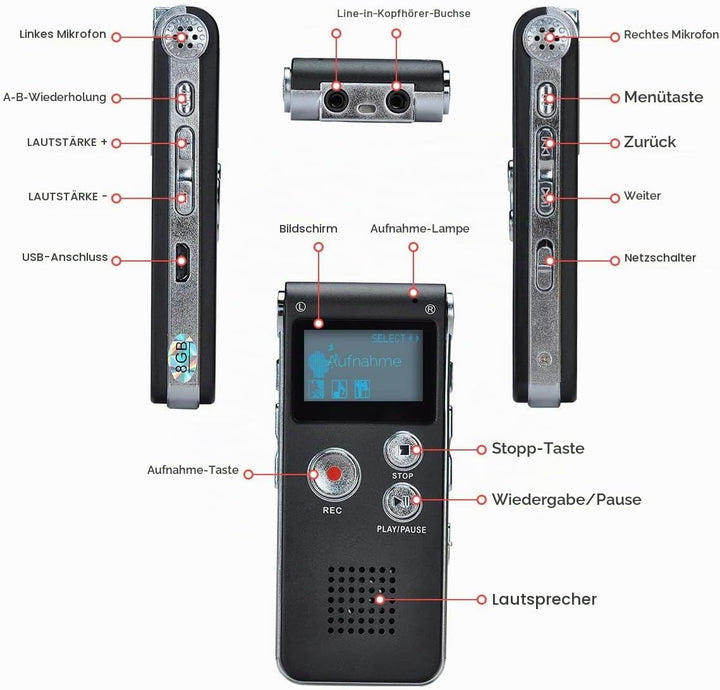 Lychee 8GB LCD Bildschirm Digitales Diktiergerät Aufnahmegerät Sprachaufnahme Audiorekorder Voice Re