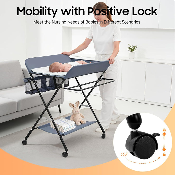 Wickeltisch Klappbar Mobil, Höhenverstellbare Wickelkommode Belastung 25 Kg, Baby Wickelkombi Mit Si