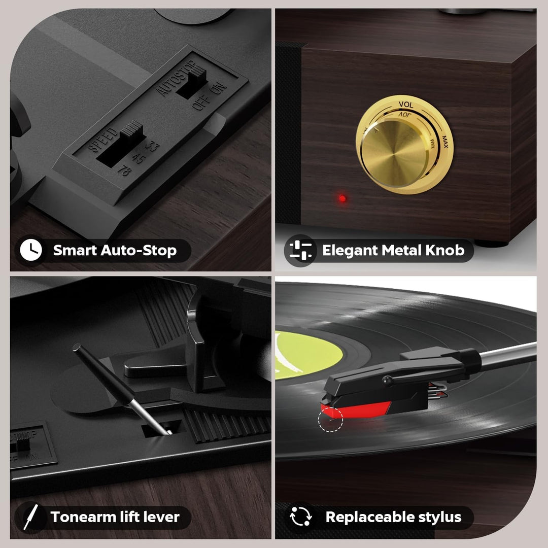 FYDEE Vintage Vinyl Plattenspieler mit integrierten Lautsprechern, Bluetooth 5.4 Vinyl-Player, 3 Ges