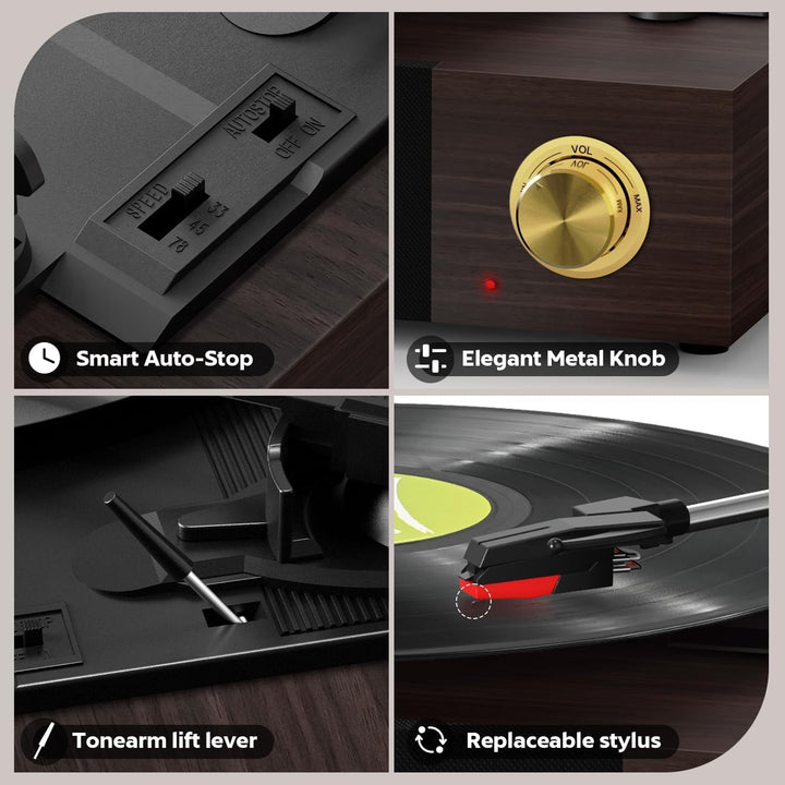 FYDEE Vintage Vinyl Plattenspieler mit integrierten Lautsprechern, Bluetooth 5.4 Vinyl-Player, 3 Ges