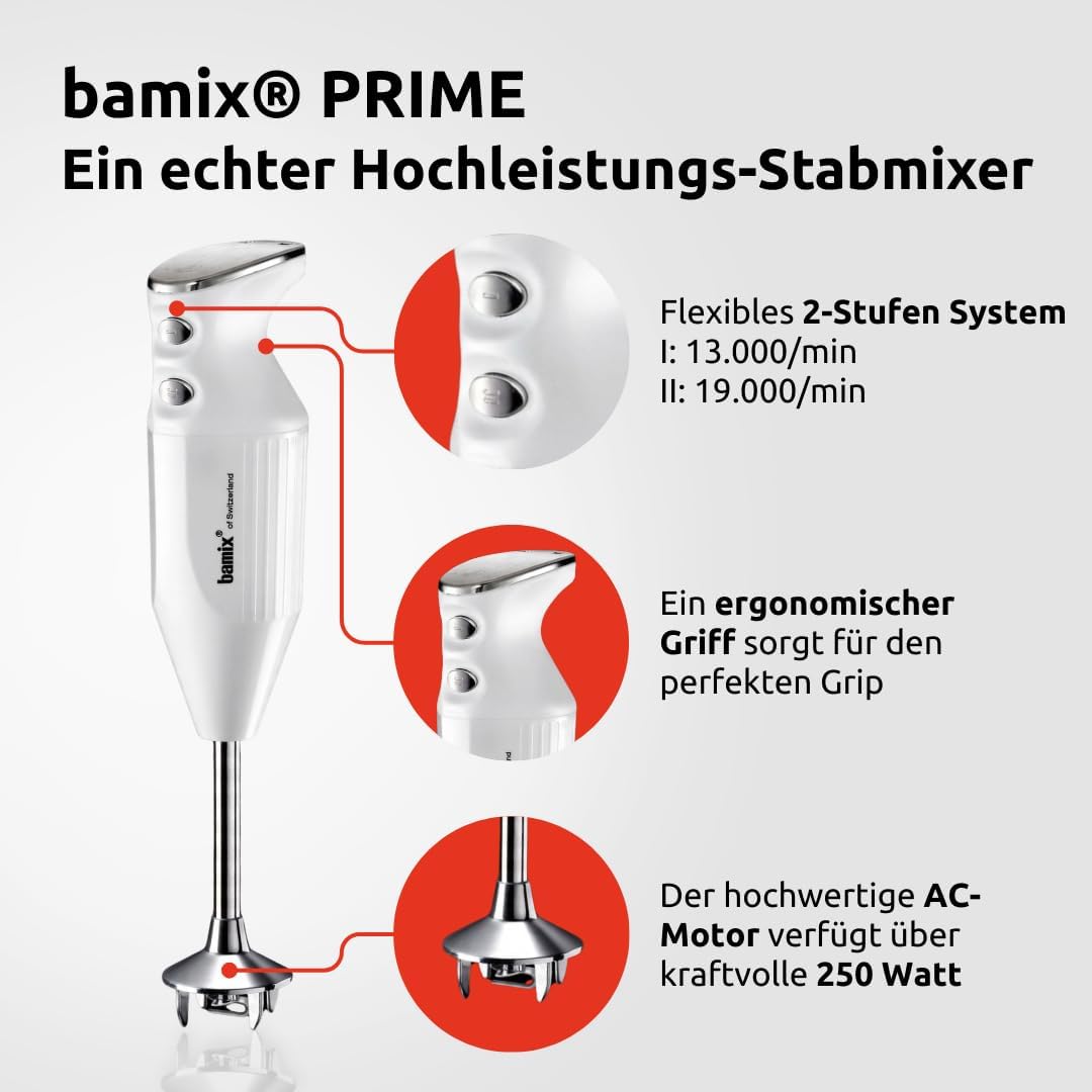 bamix Stabmixer Set M250 PRIME inkl. Multifunktionsmesser, Quirl, Schlagscheibe aus Edelstahl, 250 W