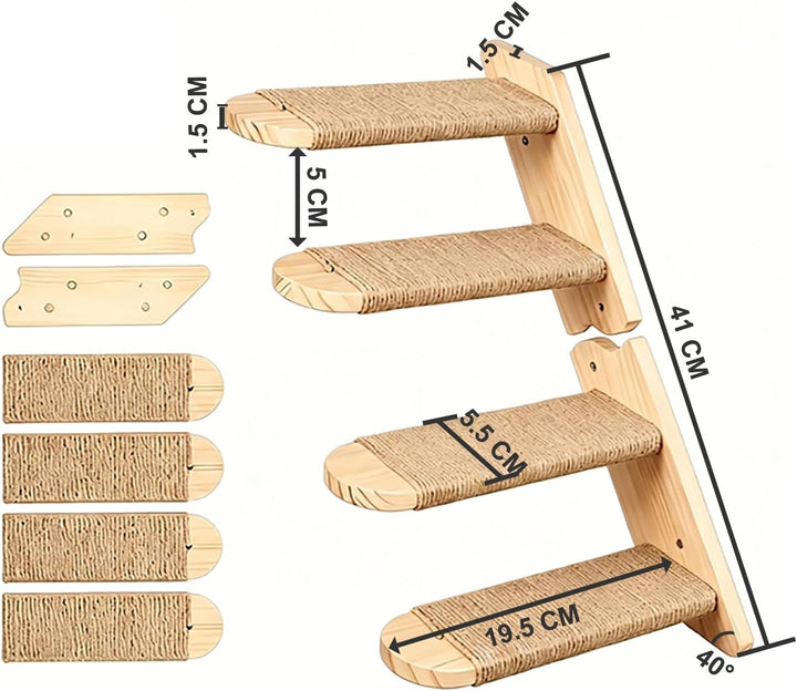 FUSHITON 2-stufige Katzentreppe Wandmontage aus massivem Kiefernholz mit Juteseil, 41 cm Gesamtlänge