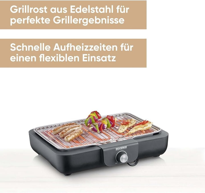 SEVERIN Tischgrill mit hochwertigem Edelstahl-Grillrost, für drinnen und draussen, 2.300 W, schnelle