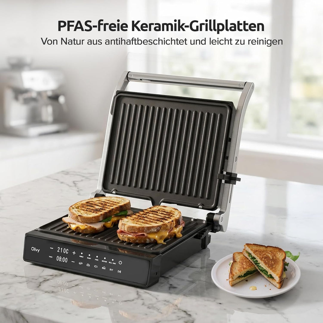 Olvy Kontaktgrill mit Touchscreen – PFAS-frei – 5 Automatische Programme – 180° Öffnung, 2000 W – Ab