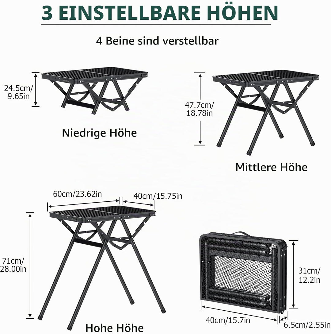JiGiU Grilltisch 60x40cm Metallgitterplatte mit 3 Höhen &amp; Aluminium Rahmen | Klapptisch Schwarz mit