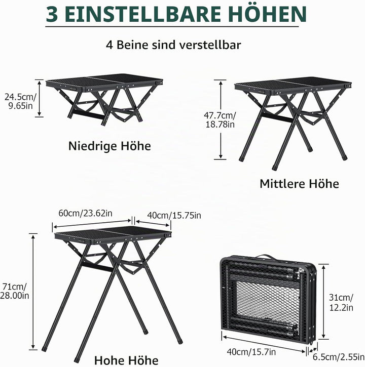 JiGiU Grilltisch 60x40cm Metallgitterplatte mit 3 Höhen &amp; Aluminium Rahmen | Klapptisch Schwarz mit