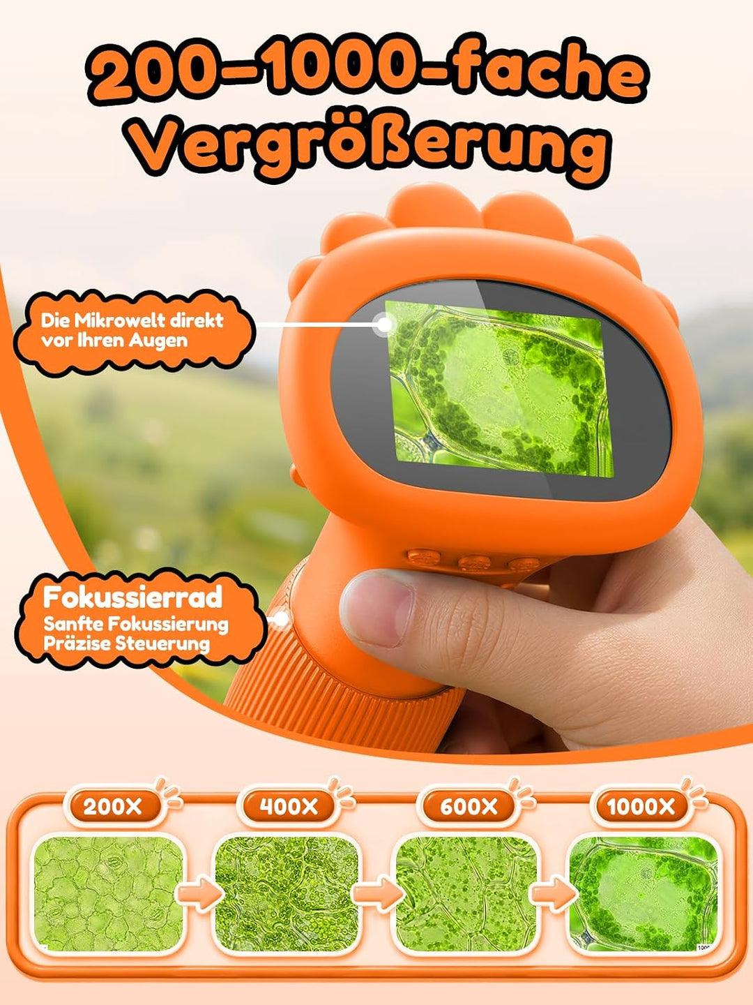 Mikroskop für Kinder, Digitales Mikroskop mit 2,0" IPS-Bildschirm Lupe 200x Vergrösserung, 8 LED Lig