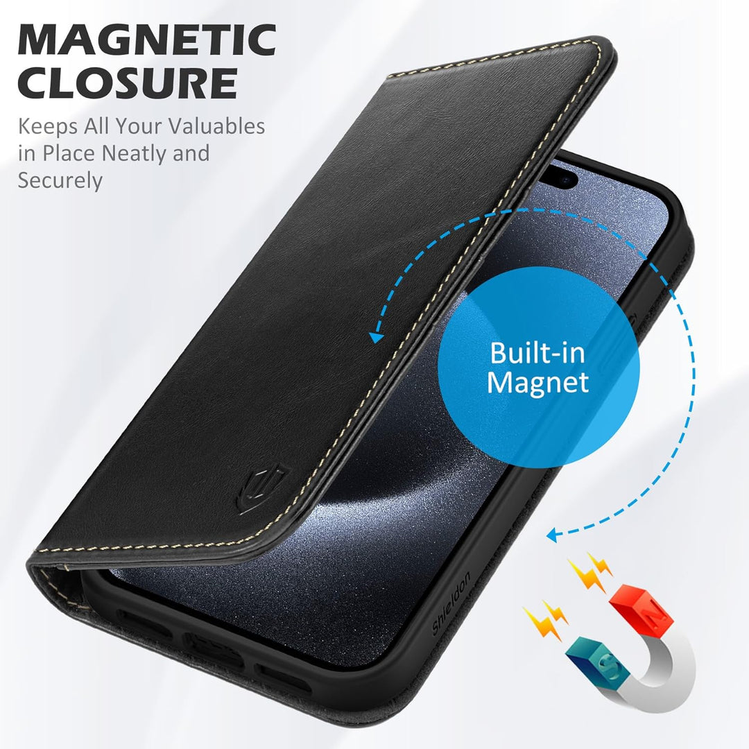 SHIELDON Hülle für iPhone 15 Pro Max, Stossfeste Schuzhülle [Echtleder] [Kartenfach] [Stand] [Verdic