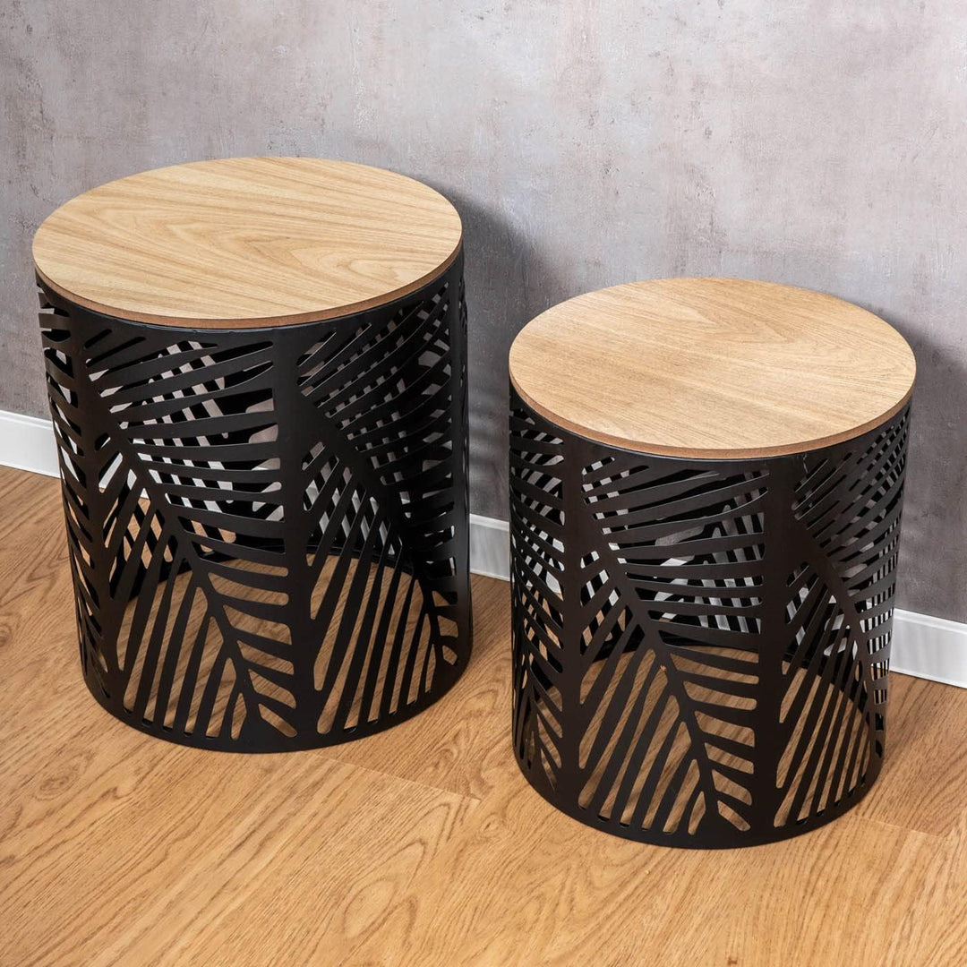levandeo 2er Set Beistelltische Schwarz Metall Holz Rund Couchtisch Industrial Sofatisch Ablage Desi