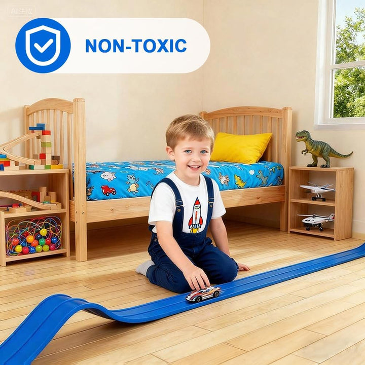 Flexible Autorennbahn mit 4 Autos – 5M Tragbare Rennstrecke & Rampen für Kinder – Auto Rennbahn Spie