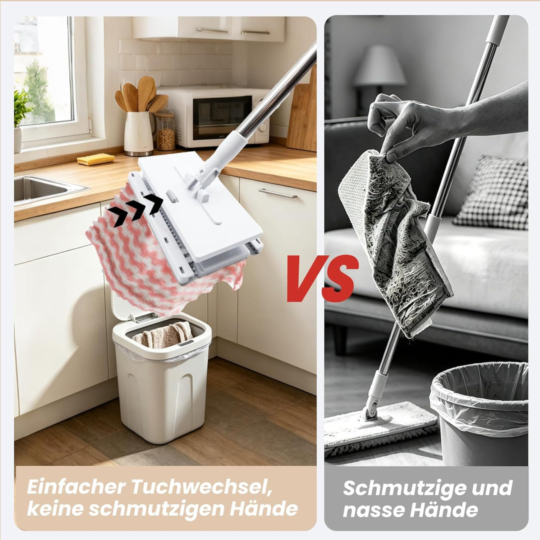 Wischmopp Mini Mopp mit Druck Klemm System, Mini Mop mit Automatischem Tuchwechsel, Bodenwischer Set