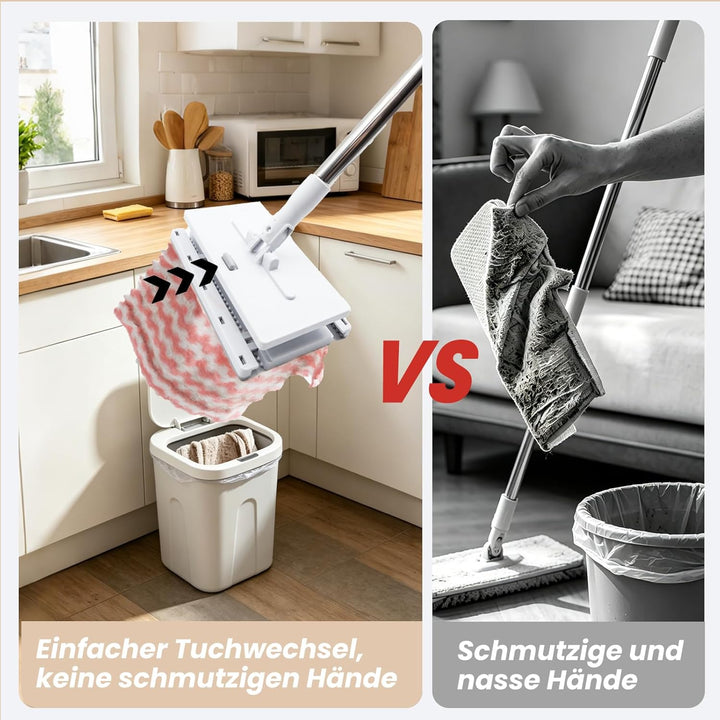 Wischmopp Mini Mopp mit Druck Klemm System, Mini Mop mit Automatischem Tuchwechsel, Bodenwischer Set