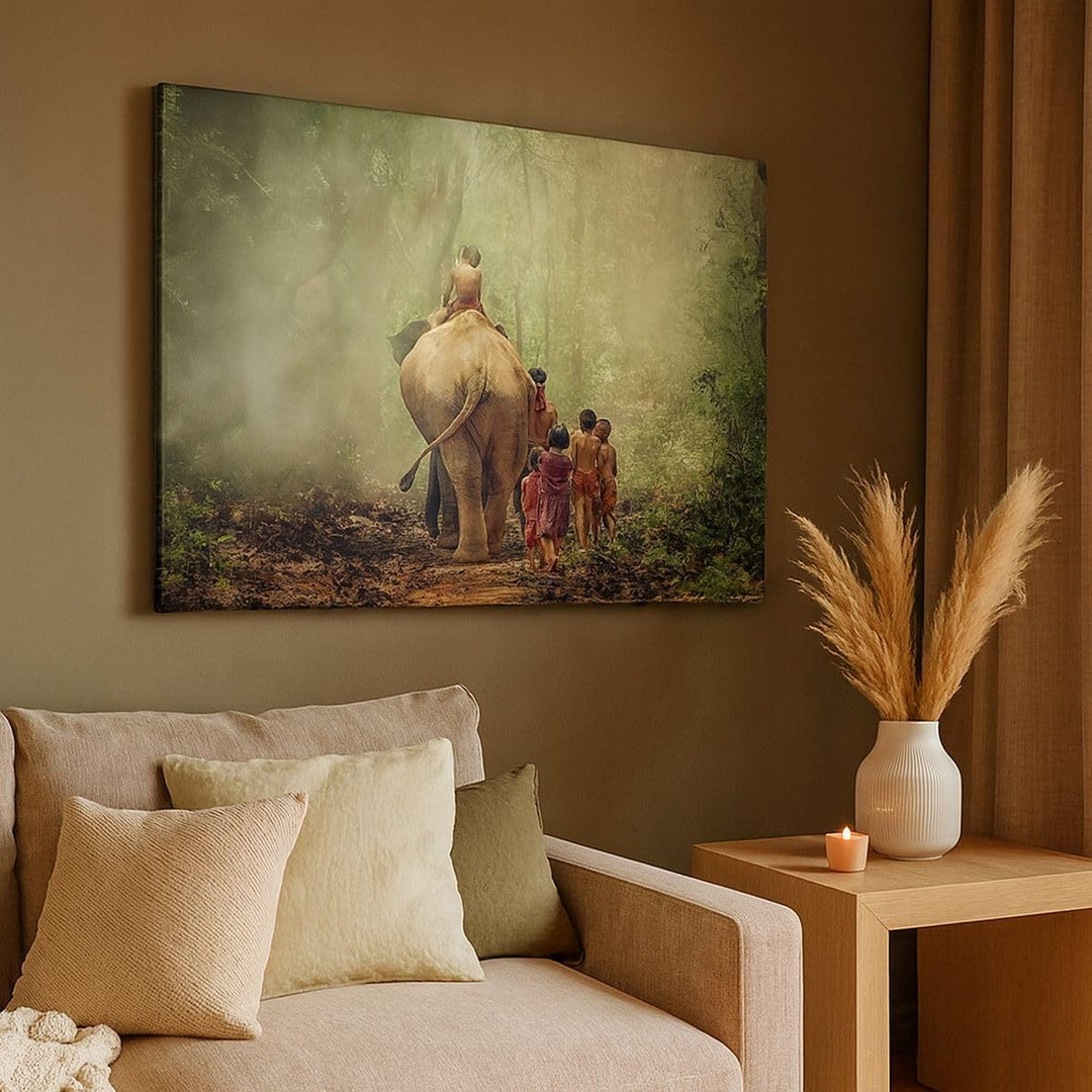 Bilder auf Leinwand 100x70cm Leinwandbild Elefant Dschungel Nebel Gross Wanddeko Bild Schlafzimmer K