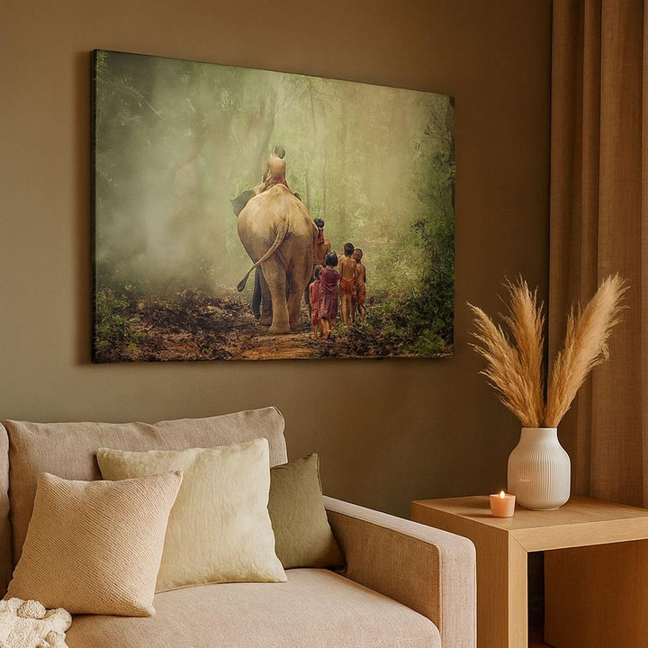 Bilder auf Leinwand 100x70cm Leinwandbild Elefant Dschungel Nebel Gross Wanddeko Bild Schlafzimmer K
