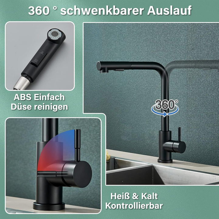 Wasserhahn Küche Schwarz Küchenarmatur Mischbatterie mit Brause Ausziehbar Hochdruck 360° Schwenkbar