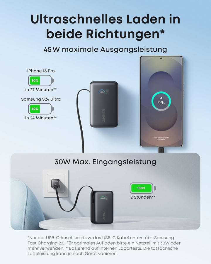 Anker Nano Powerbank,10.000mAh Externer Akku mit 70cm Anker InstaCord Einzugskabel, 45W Max Kompakte