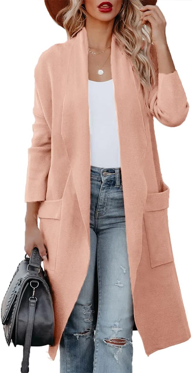 Maavoki Strickjacke Damen, Langarm Offene Front Cardigan mit Tasche, Casual Lange Einfarbig Strickma
