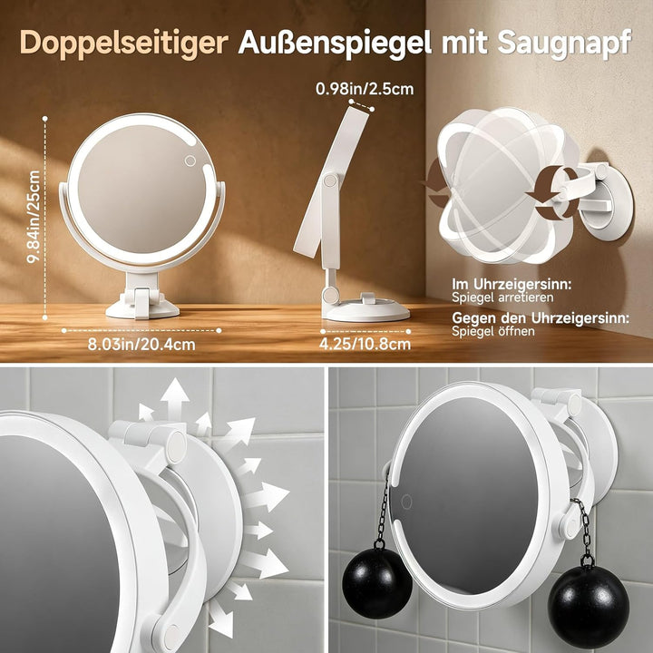 Kosmetikspiegel mit Beleuchtung, Doppelseitiger 1X / 10X Vergrösserungsspiegel mit Saugnapf, Wandver