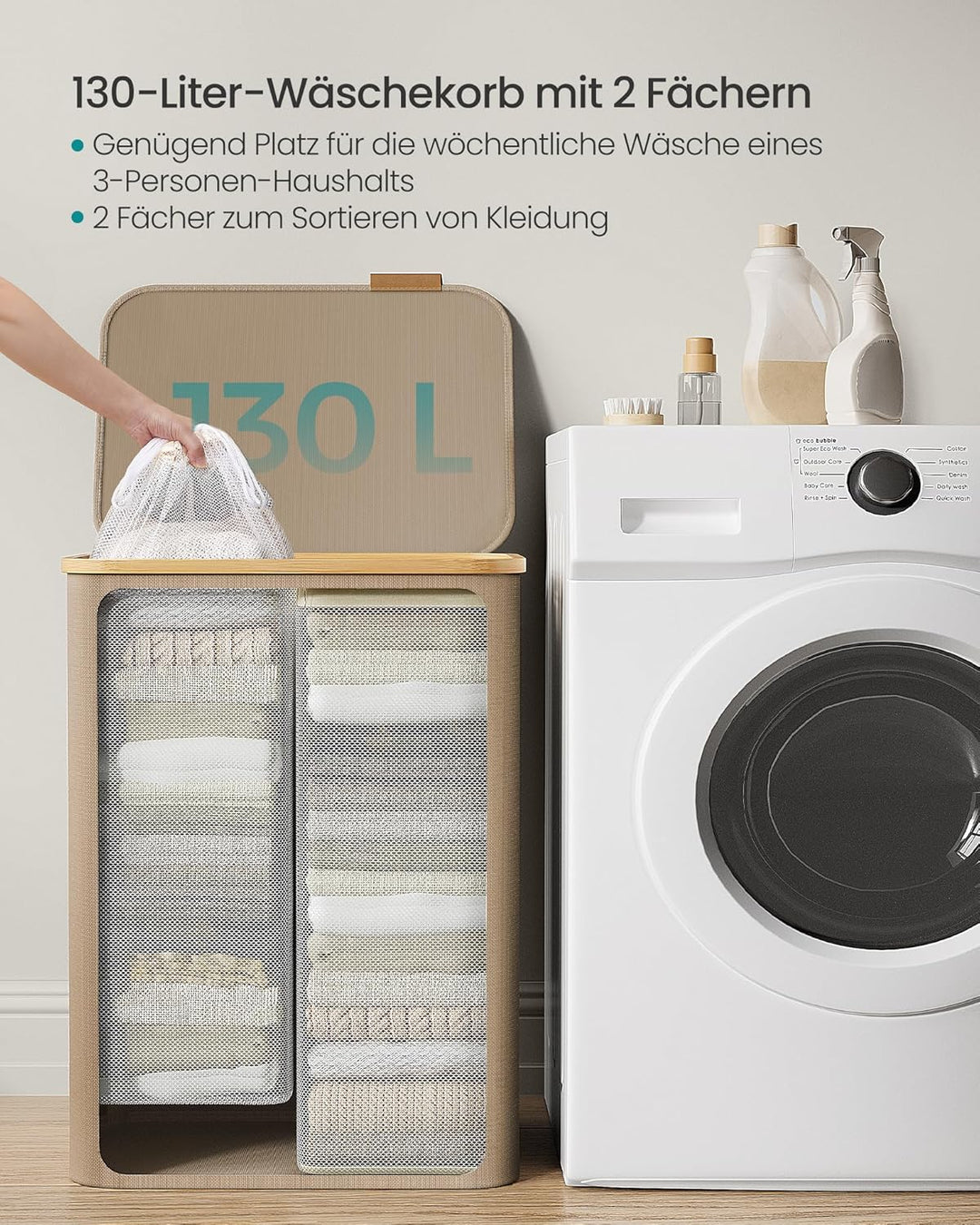 SONGMICS Wäschekorb mit Deckel, Wäschesammler mit 2 Fächern, 130 L, herausnehmbarer Wäschesack, Oxfo