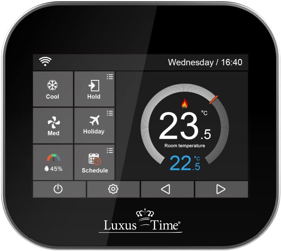 WLAN-fähiges Raumthermostat für elektrische Fussbodenheizungen in Schwarz mit Kindersicherung