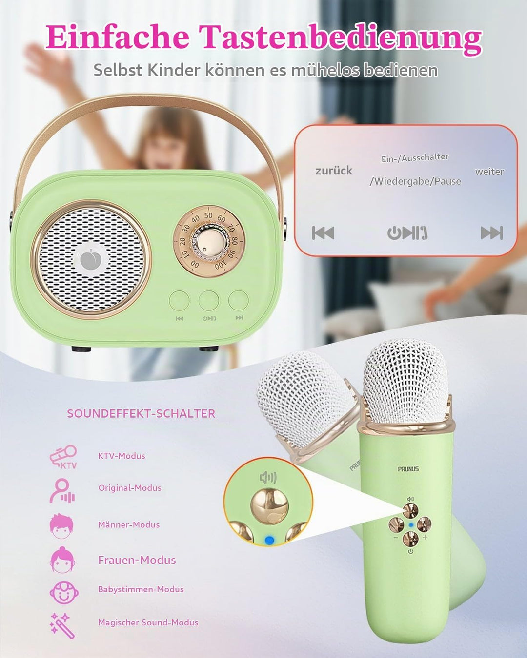 PRUNUS Karaoke Maschine Kinder mit 2 Mikrofonen, Mini Karaoke Set mit Stereosound und Heavy Bass für