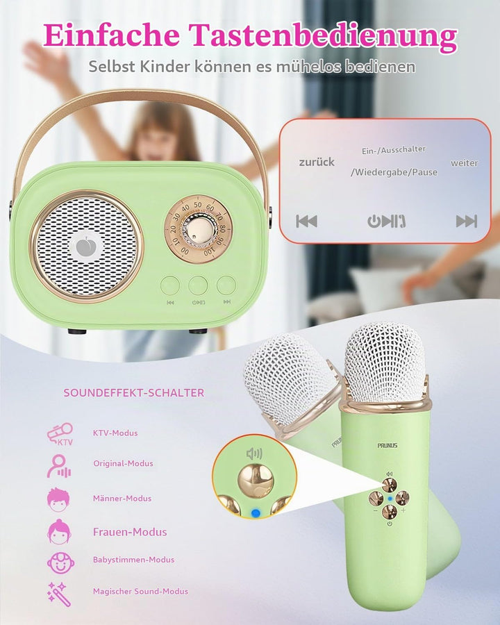 PRUNUS Karaoke Maschine Kinder mit 2 Mikrofonen, Mini Karaoke Set mit Stereosound und Heavy Bass für