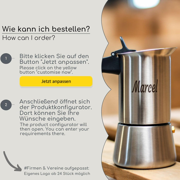 Milu Espressokocher mit Gravur (2 Cup No Induktion) | 2 4 6 9 Tassen| Edelstahl Mokkakanne, Espresso