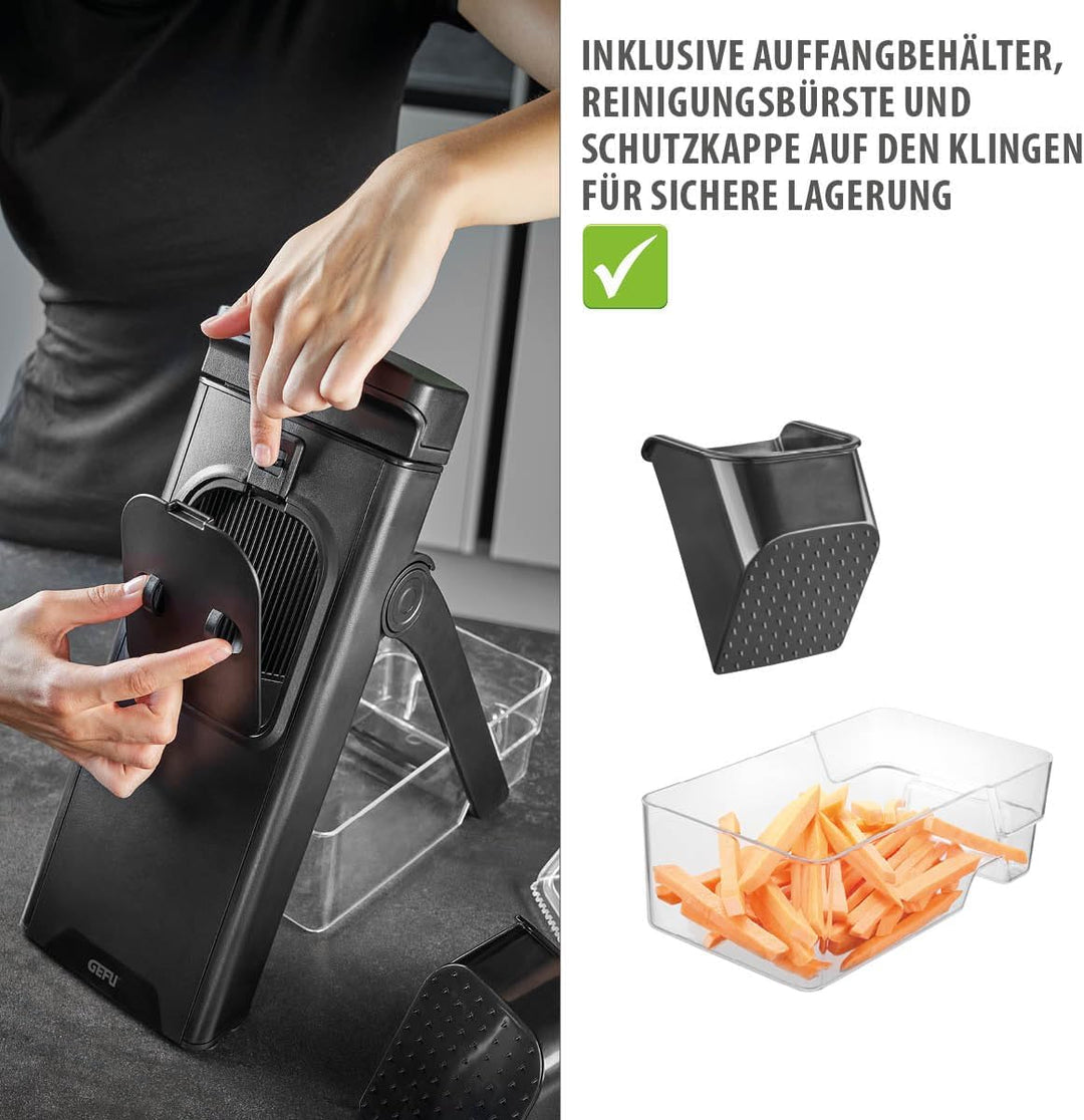GEFU All-in-One Gemüsehobel | Für Süsskartoffeln, Gemüse & Obst bis Ø 8 cm | Mit Auffangbehälter, ve