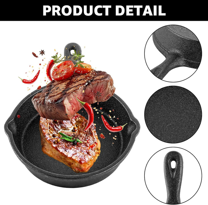 SHUESS 5 Stück 10cm Mini Pfanne Set, Kleine Pfanne Induktion mit Pinsel &amp; Handschuh, Gusseisenpfanne