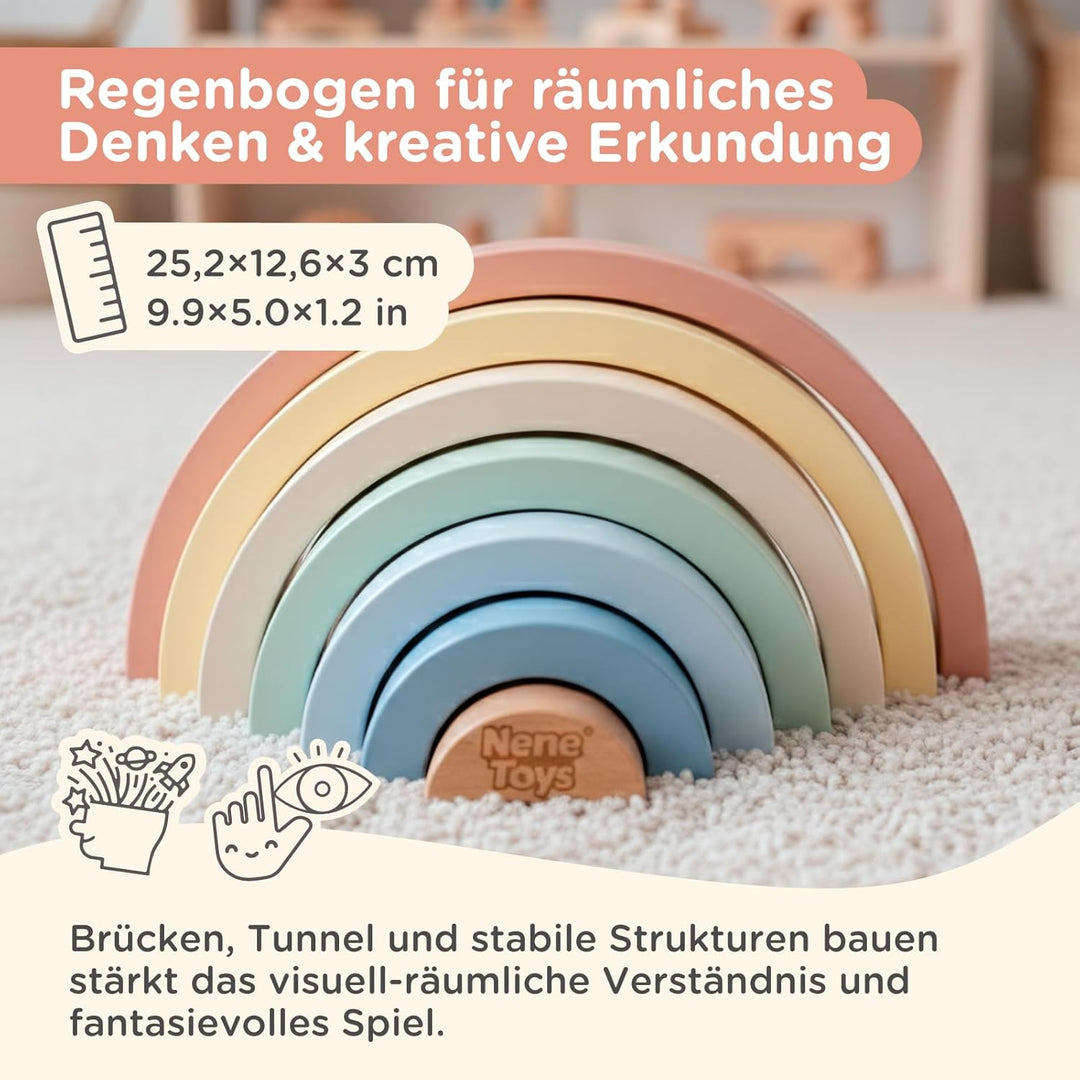 Nene Toys Montessori Holzspielzeug ab 1 Jahr – FSC 3-in-1 Regenbogen, Stapelturm &amp; Sortier-Steckspie