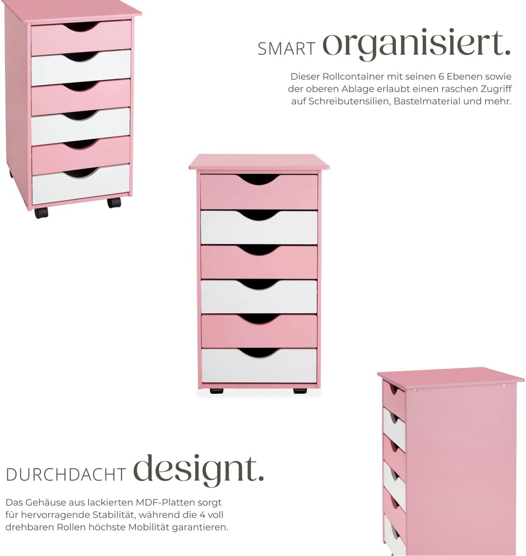 TecTake 800055 Rollcontainer mit Rollen und 6 Schubladen - diverse Farben - (Pink | Nr. 400924), Pin