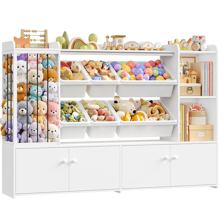 FOREHILL 137cm Breit Kinderregal, Kuscheltier Aufbewahrung, Bücherregal Kinder mit 6 Spielzeugkisten