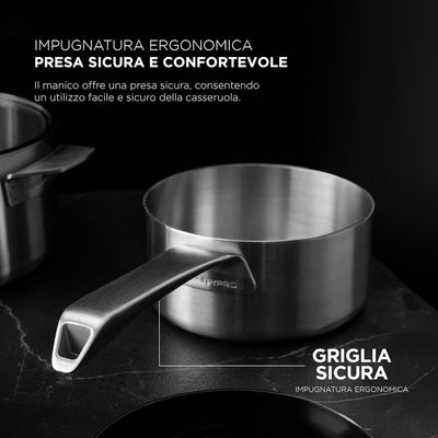 MasterPRO SIGMA - Cazo Sin Tapa 1.6L 16x8 cm Acero Inoxidable - Multi-capa - Mango Remachado de Fund