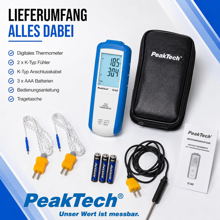 PeakTech 5140-2CH Digital Themometer Typ-K -200°C … 1372°C 2 Kanal, 2 Kanal
