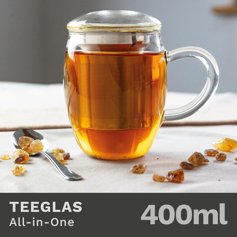 Creano Teeglas All in one 400ml 2er Set, Grosse Teetasse mit Edelstahlsieb und Deckel aus Glas, Teeb