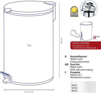 kela 10641 Treteimer mit Inneneimer 12 l, Geräuschloses Schliessen, Metall, Mats, Weiss