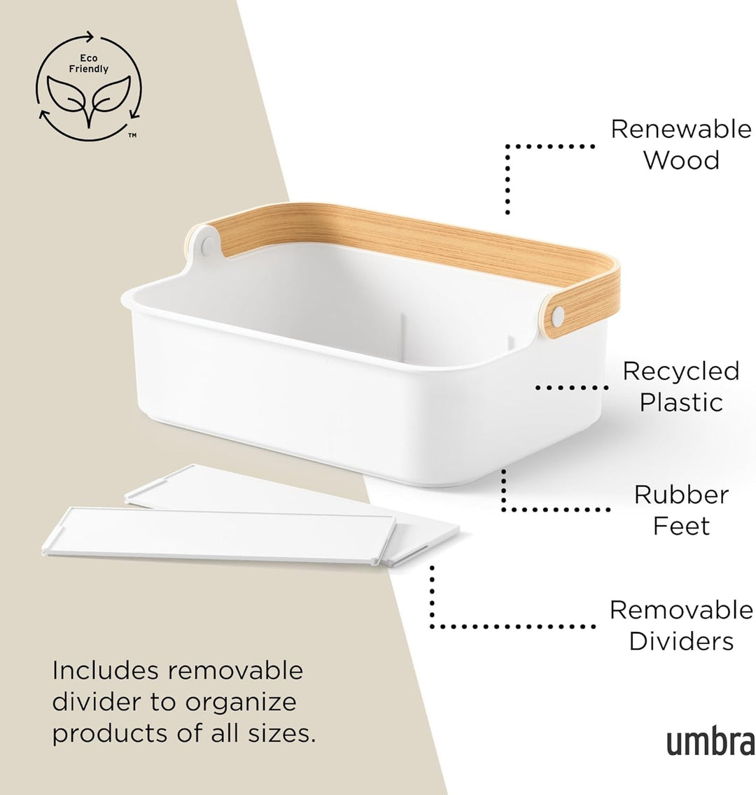Umbra Bellwood Bin stapelbarer Behälter, Organizer mit entnehmbaren Trennwänden, Weiss/Natur, 36x26x