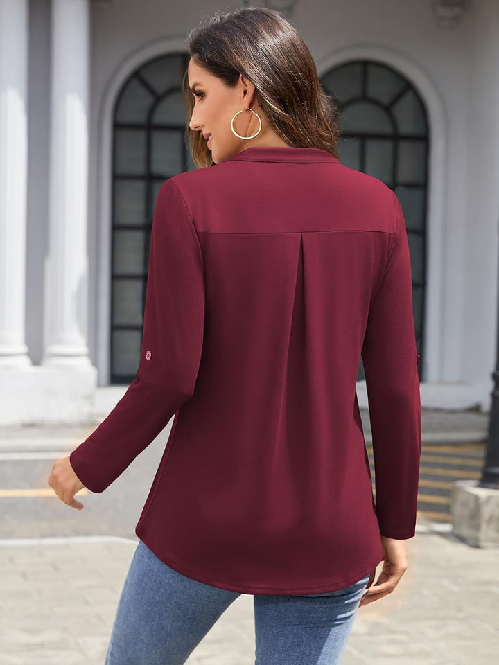 Siddhe Damen V-Ausschnitt Bluse 3/4 Ärmel Tunika Reissverschluss Langshirt Langarm Hemd Tops T-Shirt