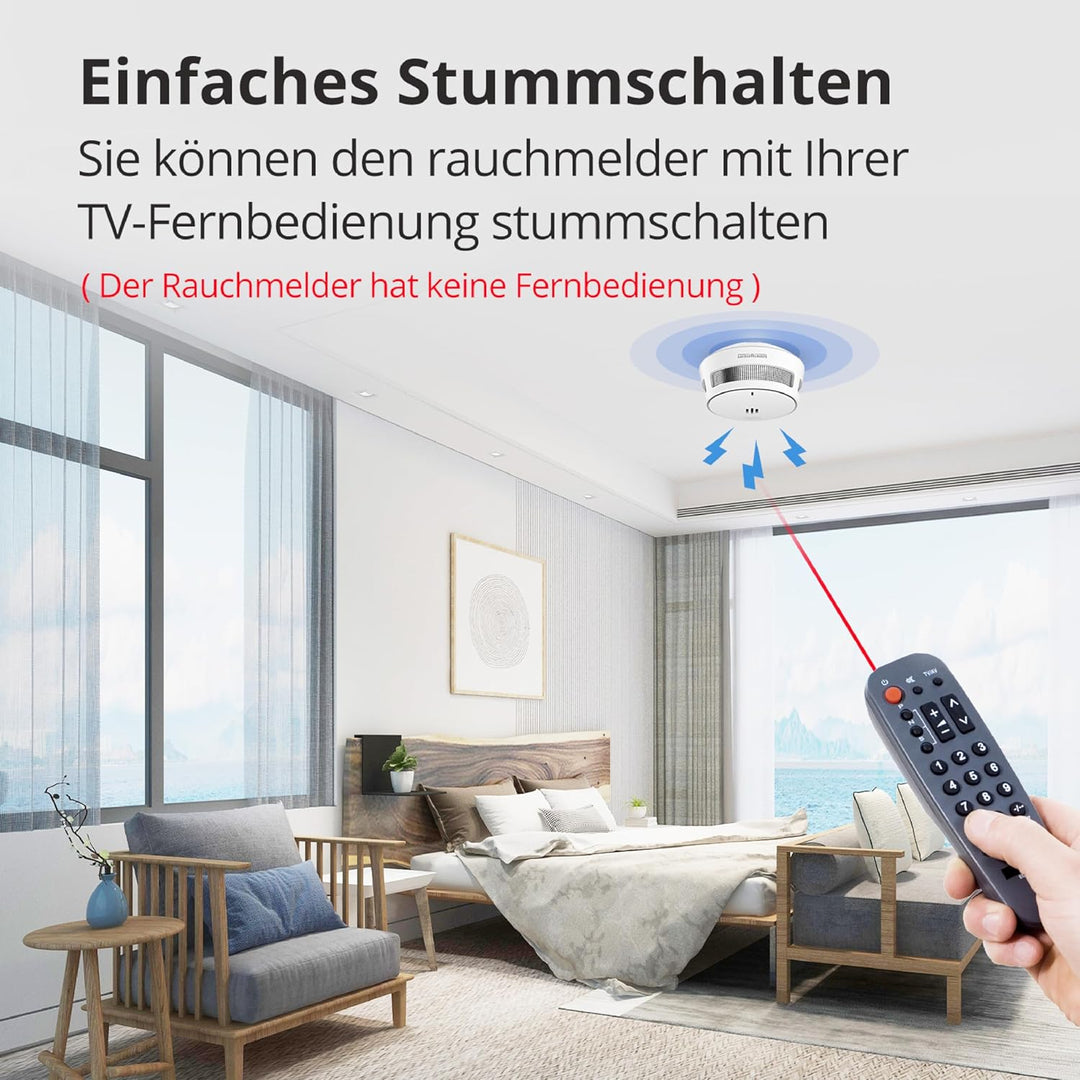 Rauchmelder, 10 Jahre Batterie, Rauchmelder für Zuhause, Feueralarm mit Stummschaltfunktion aus der