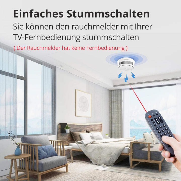 Rauchmelder, 10 Jahre Batterie, Rauchmelder für Zuhause, Feueralarm mit Stummschaltfunktion aus der