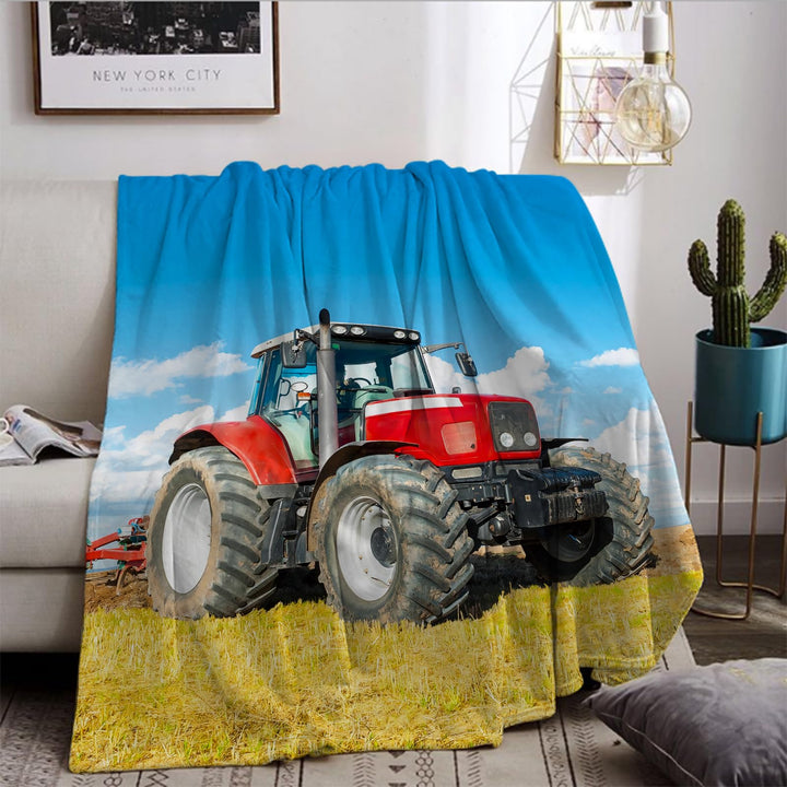Rote Kuscheldecke Traktor 130×150 cm, weiche Plüschdecke im ländlichen pastoralen blauen Himmelsstil