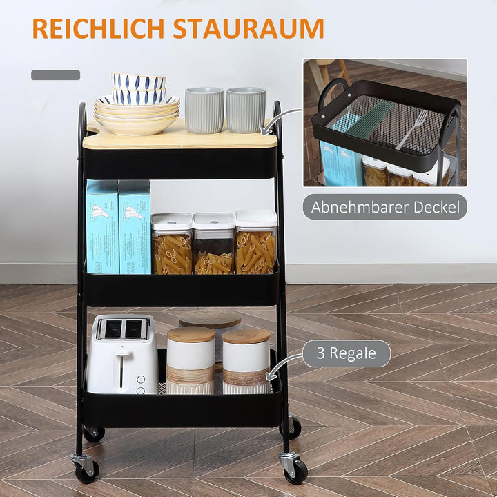 HOMCOM Servierwagen mit 3 Ebenen Küchenwagen mit Rollen Griff Küchenregal mit Korb und Deckel Rollwa