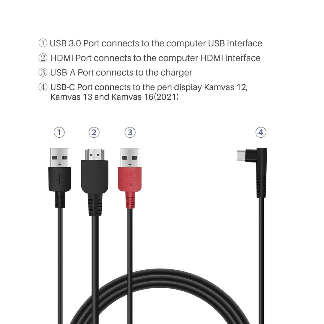 HUION 3-in-1 Typ-C-Kabel für Huion KAMVAS 12 13 16(2021) Drawing Mornitor mit HDMI, Strom- und USB-K