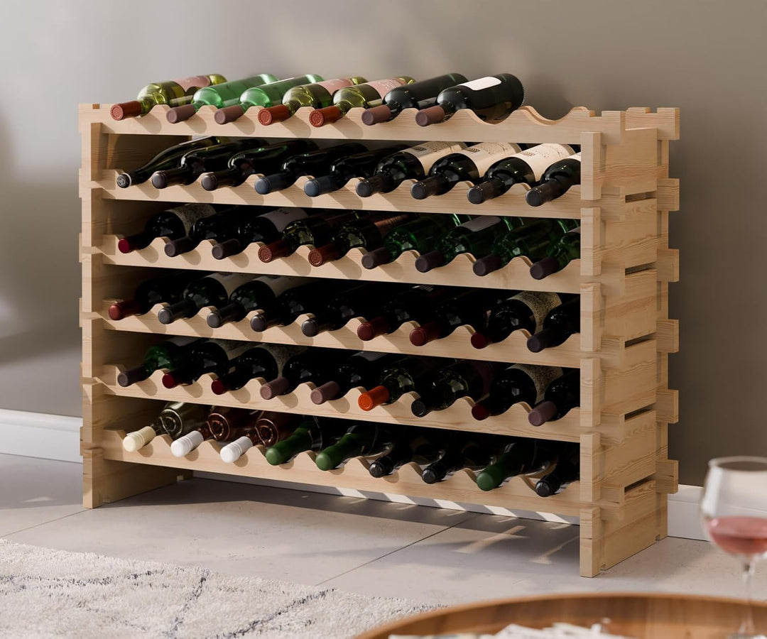 Lenmar RW-STK Weinregal aus Holz, 48-60 Flaschen Kapazität, 6 Ebenen, Farbe Beige, ideal für den Kel