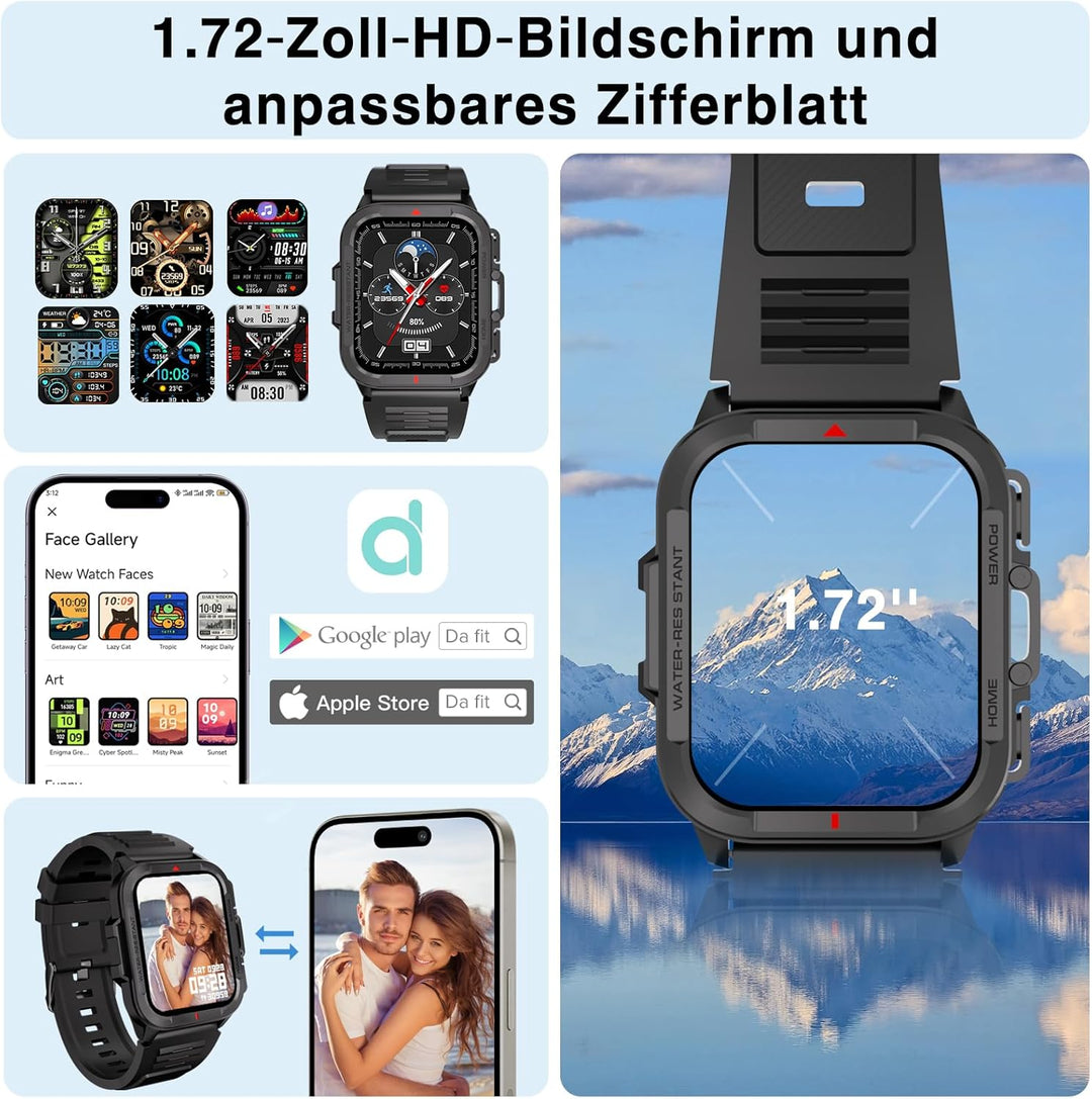 Bebinca Smartwatch Damen/Herren mit Telefonfunktion, 1,72“ HD Quadratische Touchscreen Fitness-Track