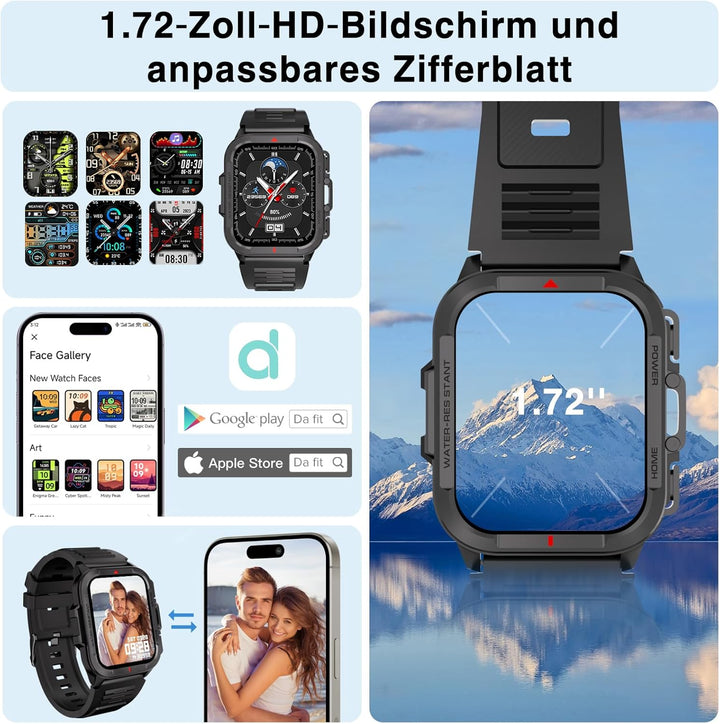 Bebinca Smartwatch Damen/Herren mit Telefonfunktion, 1,72“ HD Quadratische Touchscreen Fitness-Track