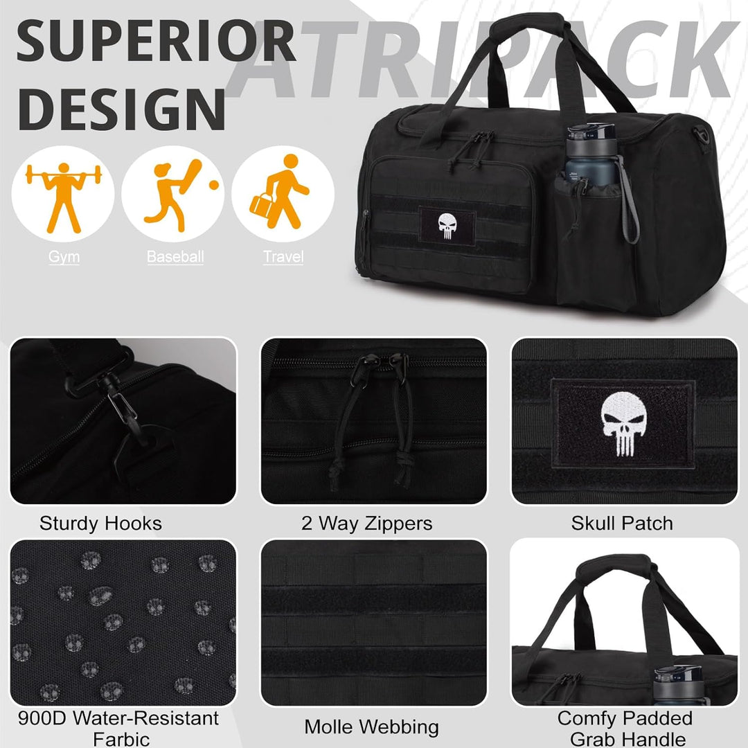 Taktische Sporttasche für Herren, 40L grosse Reisetasche mit Schuhfach, Sporttasche mit Nassfach, Mu