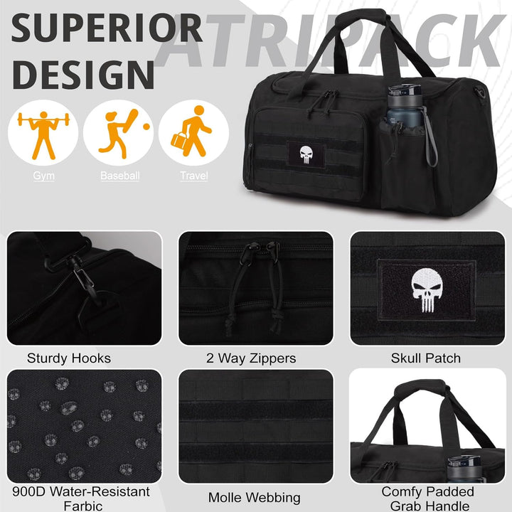 Taktische Sporttasche für Herren, 40L grosse Reisetasche mit Schuhfach, Sporttasche mit Nassfach, Mu